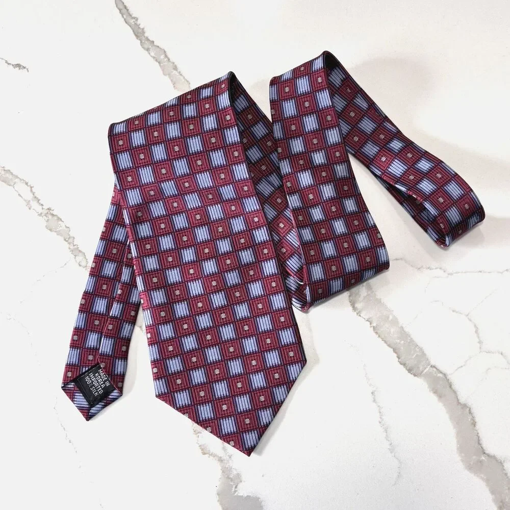 CRAZY HORSE Men's Burgundy Blue Geometric Oxford Tie Necktie 100% Silk Classic